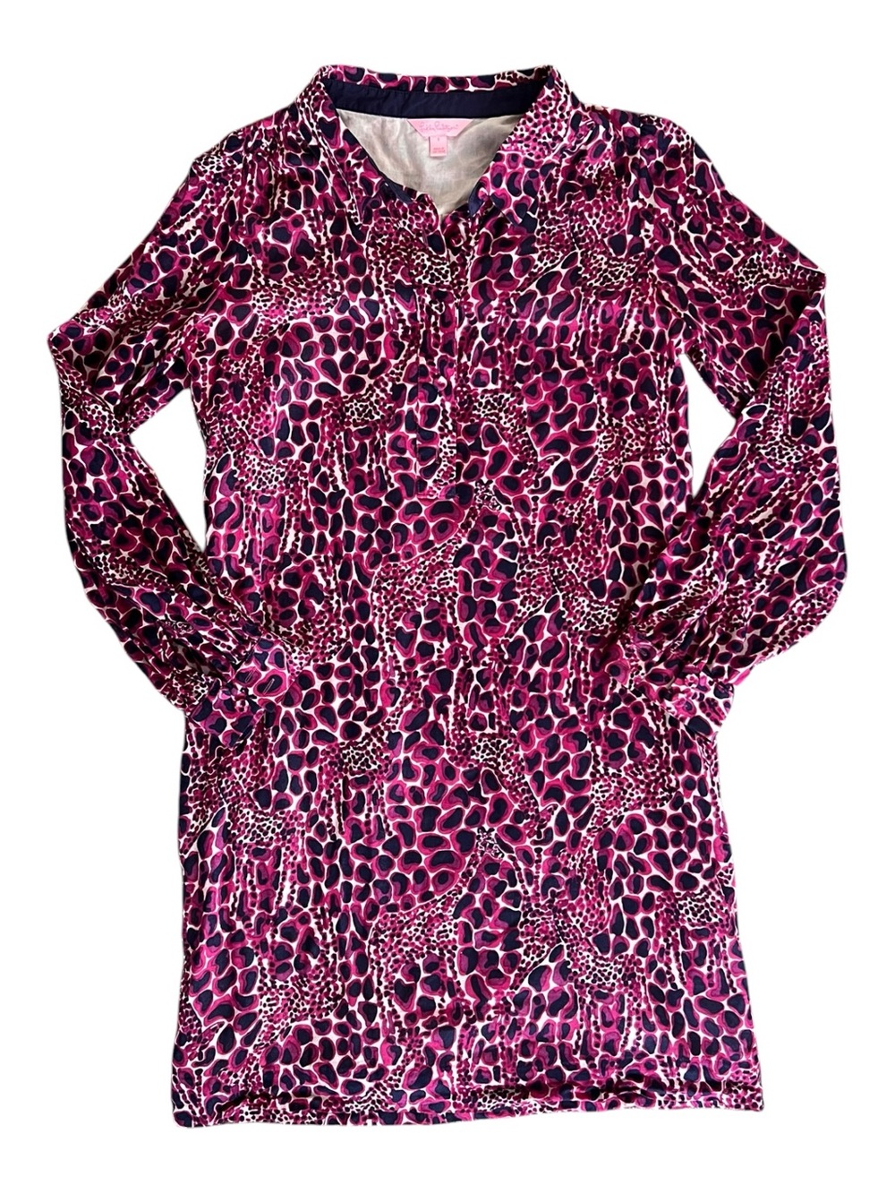 Lilly Pulitzer Pink and Navy Animal Print 100% Cotton Shirt Dress Size 4